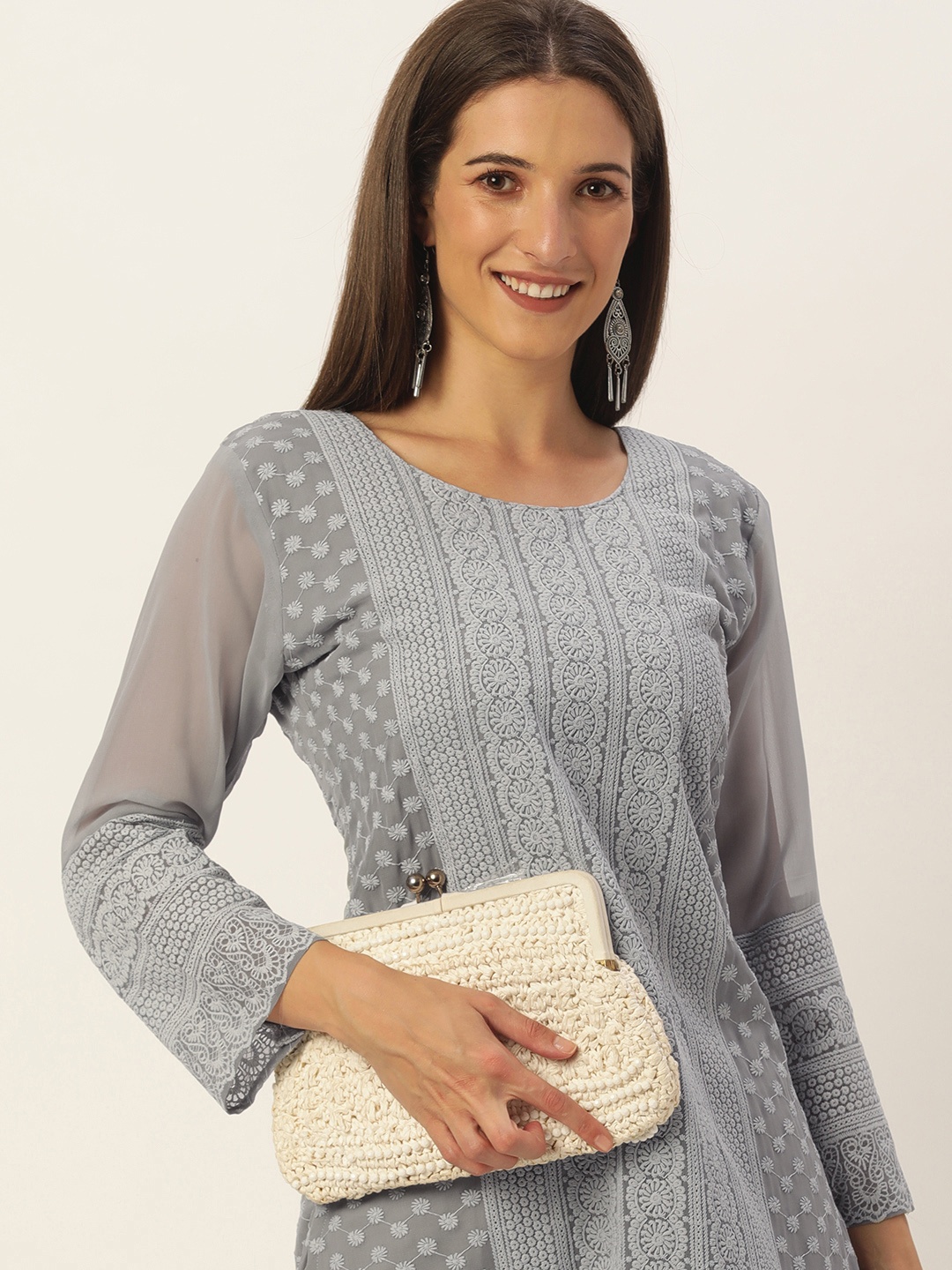 

SWAGG INDIA Women Grey Ethnic Motifs Embroidered Chikankari Georgette Kurta