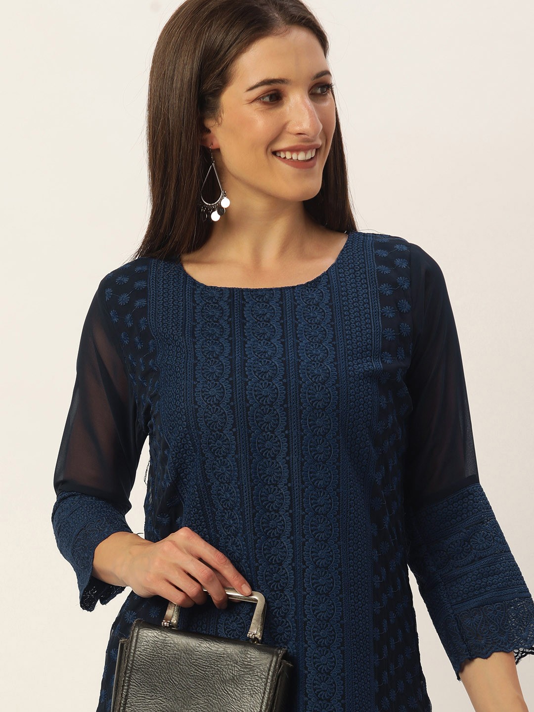 

SWAGG INDIA Women Navy Blue Ethnic Motifs Embroidered Chikankari Georgette Kurta