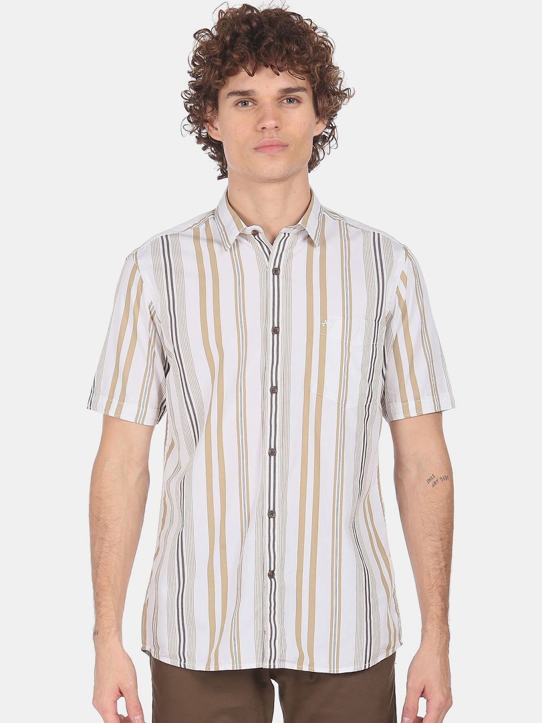 

Arrow Men Beige & White Vertical Striped Pure Cotton Casual Shirt