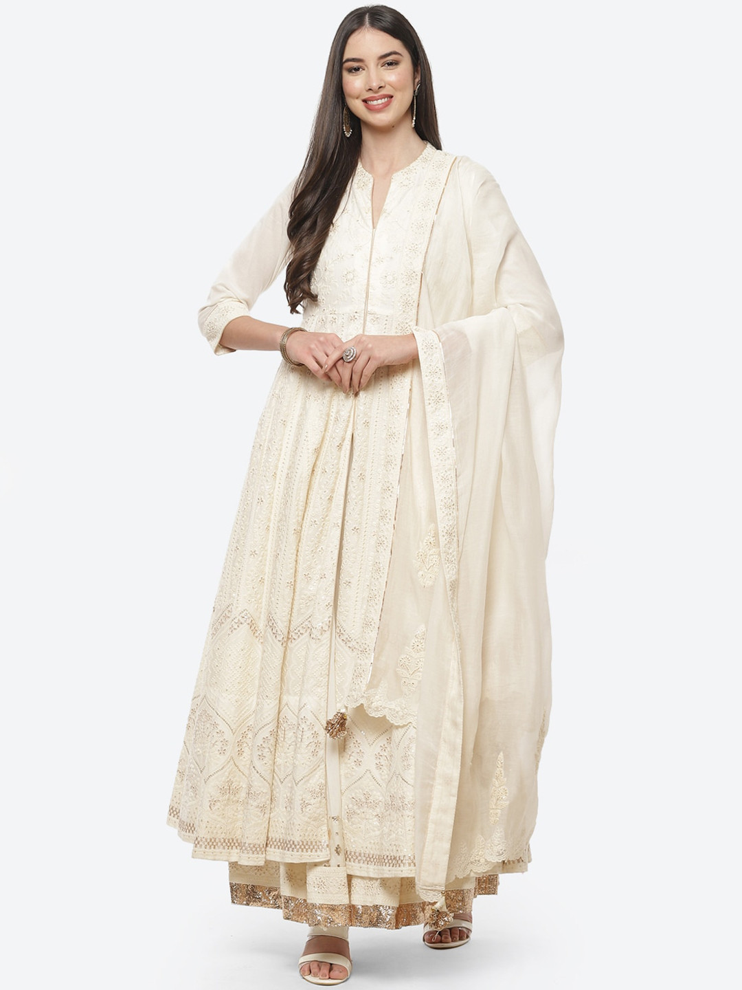 

Biba Women Off-White Embroidered Panelled Pure Cotton Kurta with Skirt & Dupatta