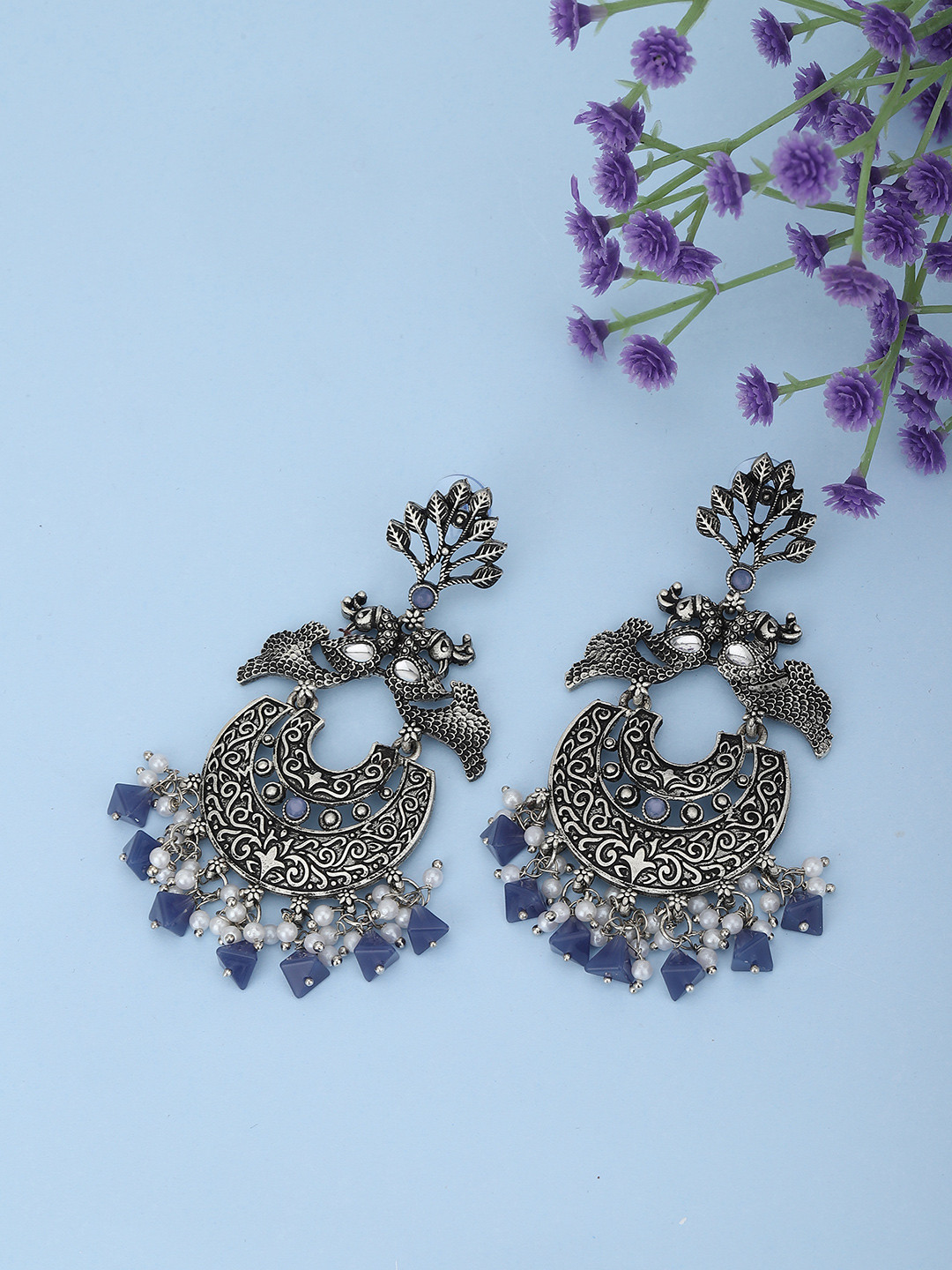 

KOLHA-BY CARLTON Blue Silver-Plated Oxidised Peacock Shaped Chandbali Earrings