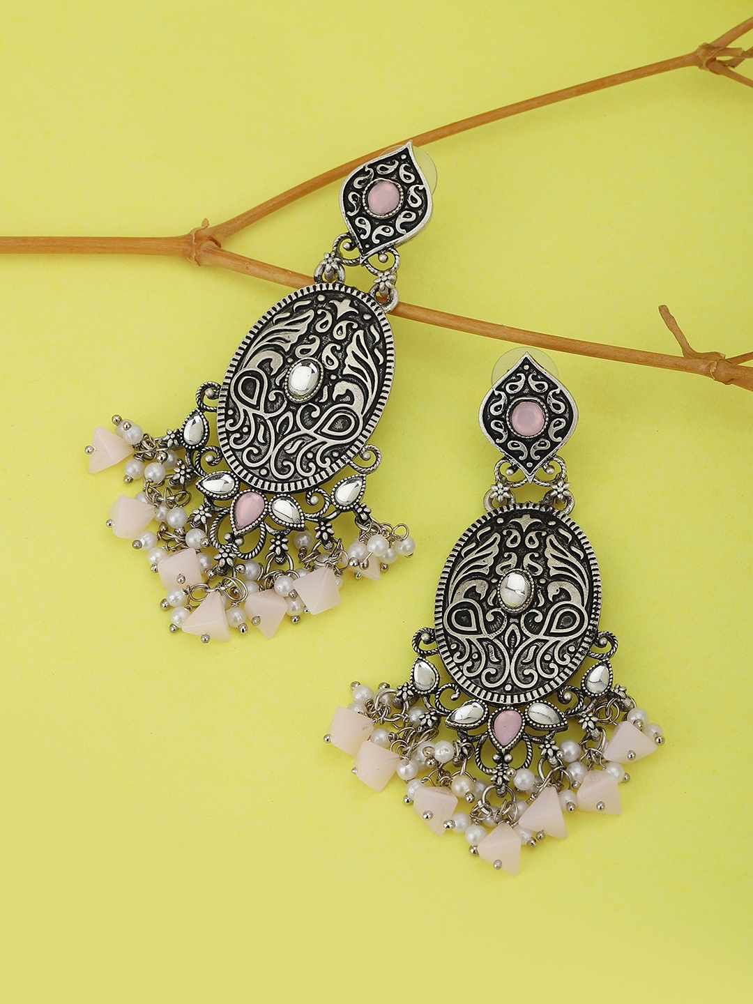 

KOLHA-BY CARLTON Pink Silver-Plated Oxidised Oval Drop Earrings