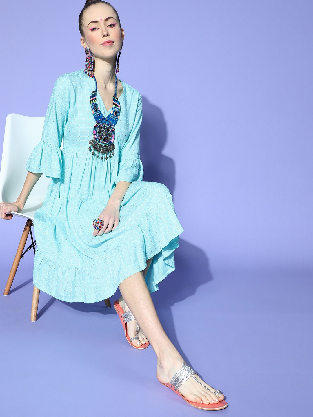 

Janasya Women Alluring Turquoise Blue Ethnic Motifs Tiered Dress
