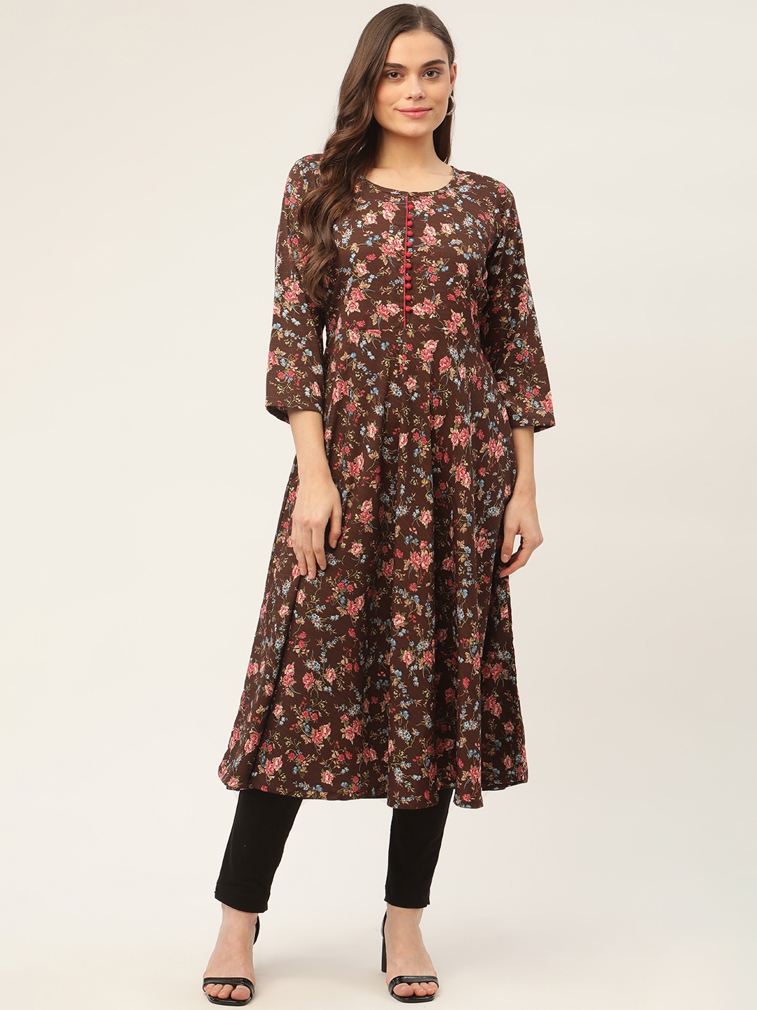 

Jompers Women Brown & Coral Orange Floral Printed Kurta