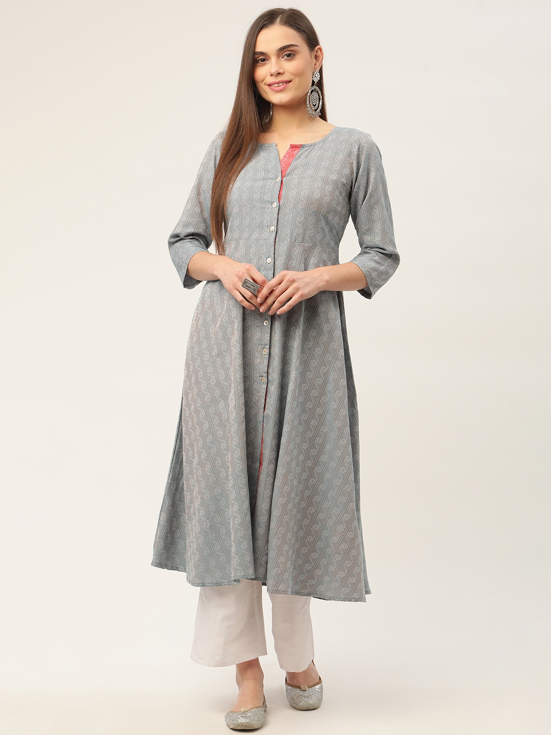 

Jompers Women Grey Geometric Jacquard Kurta