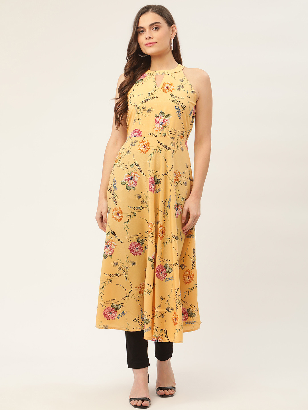 

Jompers Women Yellow & Pink Floral Printed Halter Neck Kurta