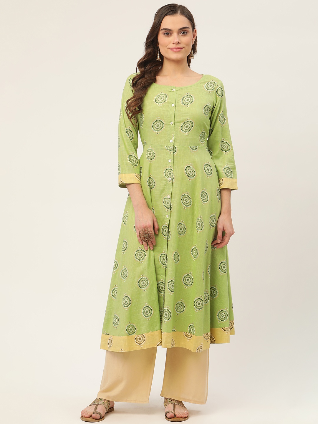 

Jompers Women Green Ethnic Motifs Printed Cotton Anarkali Kurta