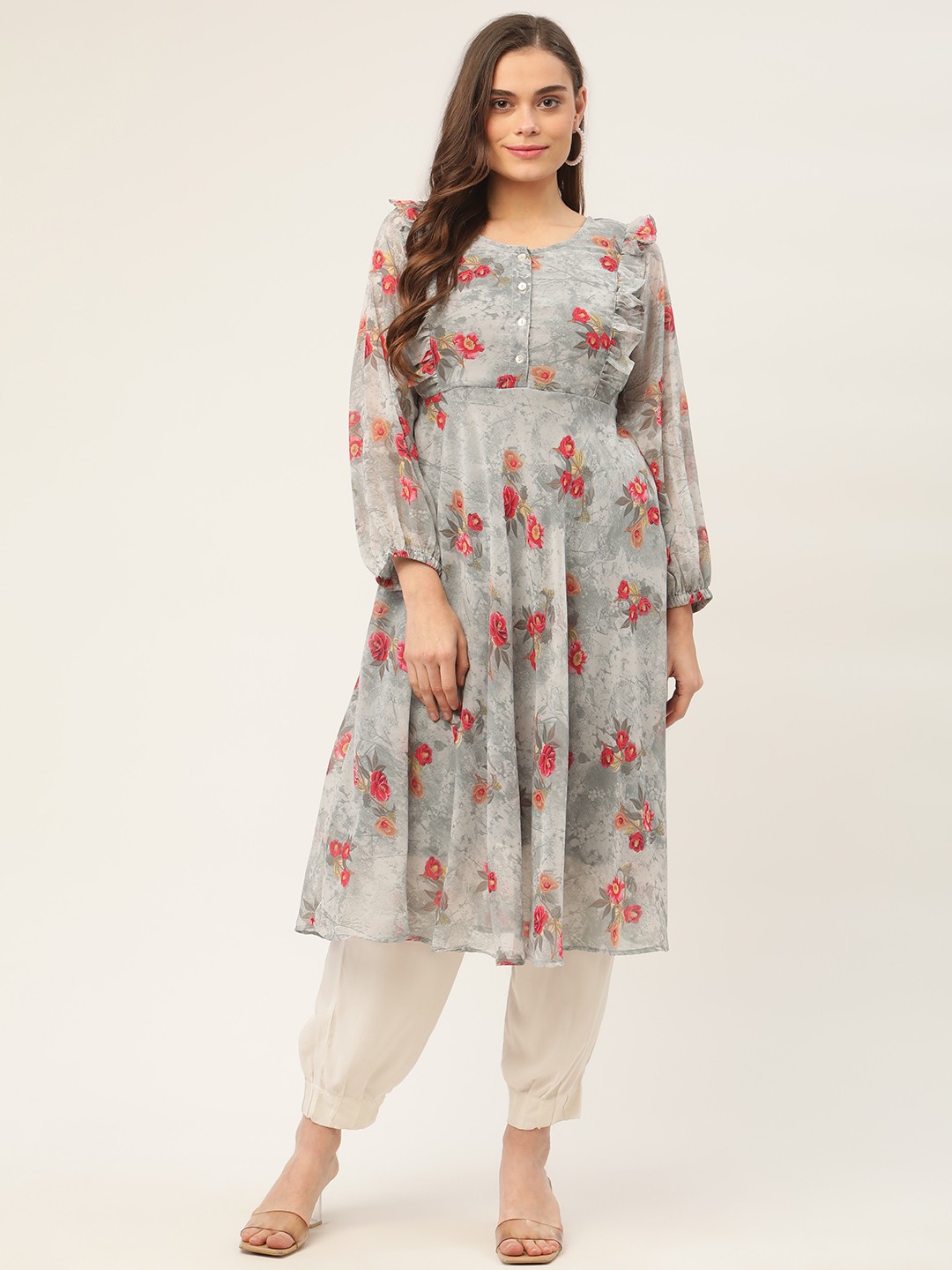 

Jompers Women Grey Floral Printed Georgette Anarkali Kurta