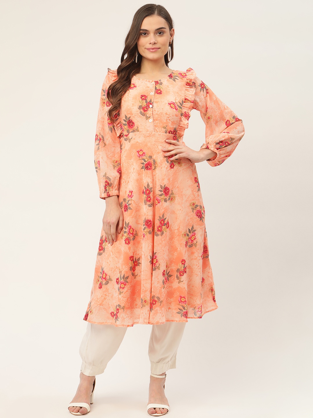 

Jompers Women Peach-Coloured & Red Floral Print Georgette Anarkali Kurta