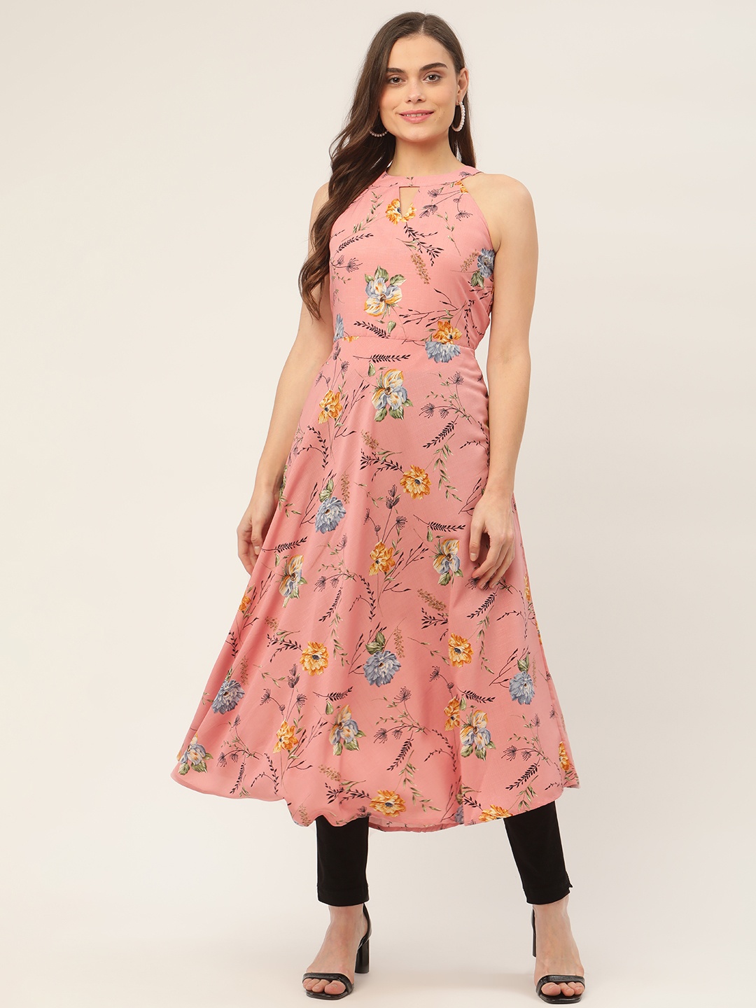 

Jompers Women Pink Floral Printed Anarkali Kurta