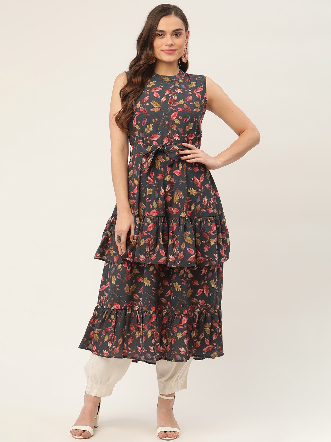 

Jompers Women Grey Floral Printed Tiered Anarkali Kurta