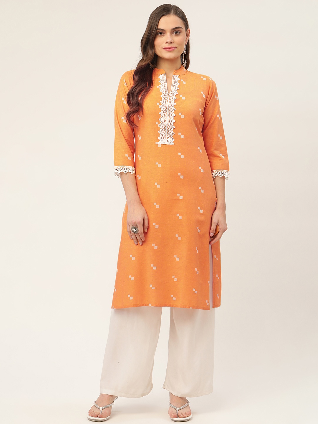 

Jompers Women Orange Geometric Printed Cotton Jacquard Staright Kurta