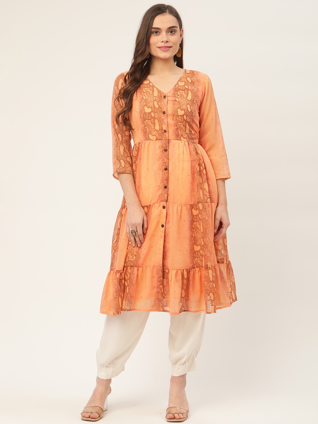 

Jompers Women Orange Tiger Print Georgette Tiered A-Line Kurta