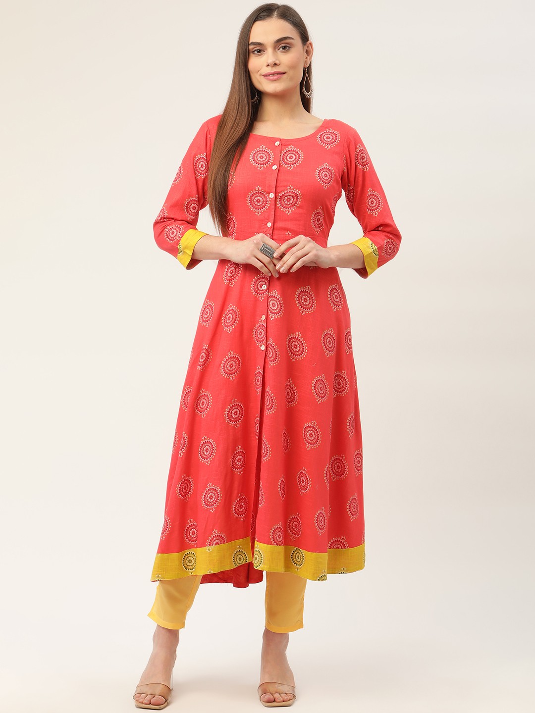 

Jompers Women Red Ethnic Motifs Printed Cotton Anarkali Kurta
