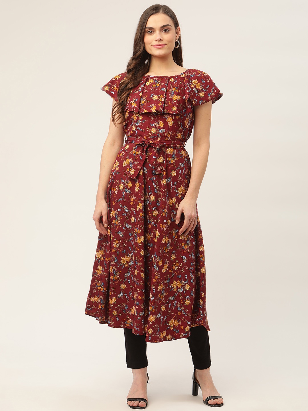 

Jompers Women Maroon & Yellow Floral Printed Flared Sleeves Anarkali Kurta