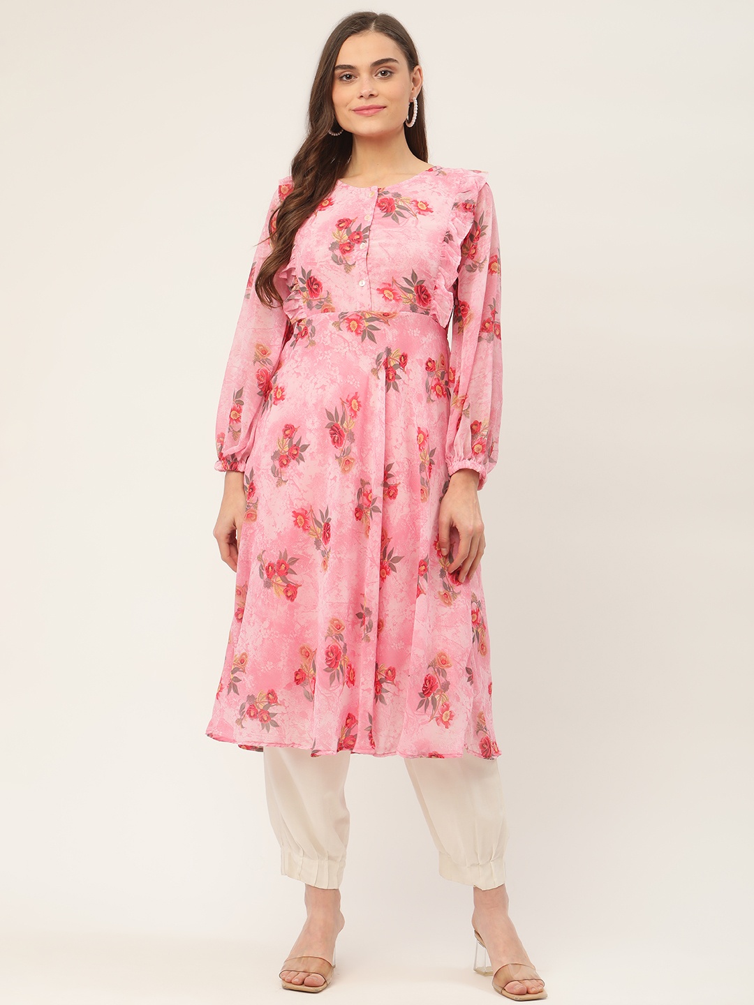

Jompers Women Pink Floral Printed Floral Georgette A-Line Kurta