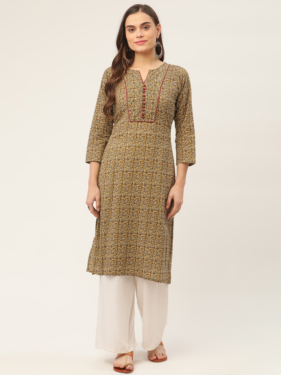 

Jompers Women Brown & Olive Green Ethnic Motifs Printed Cotton Kurta