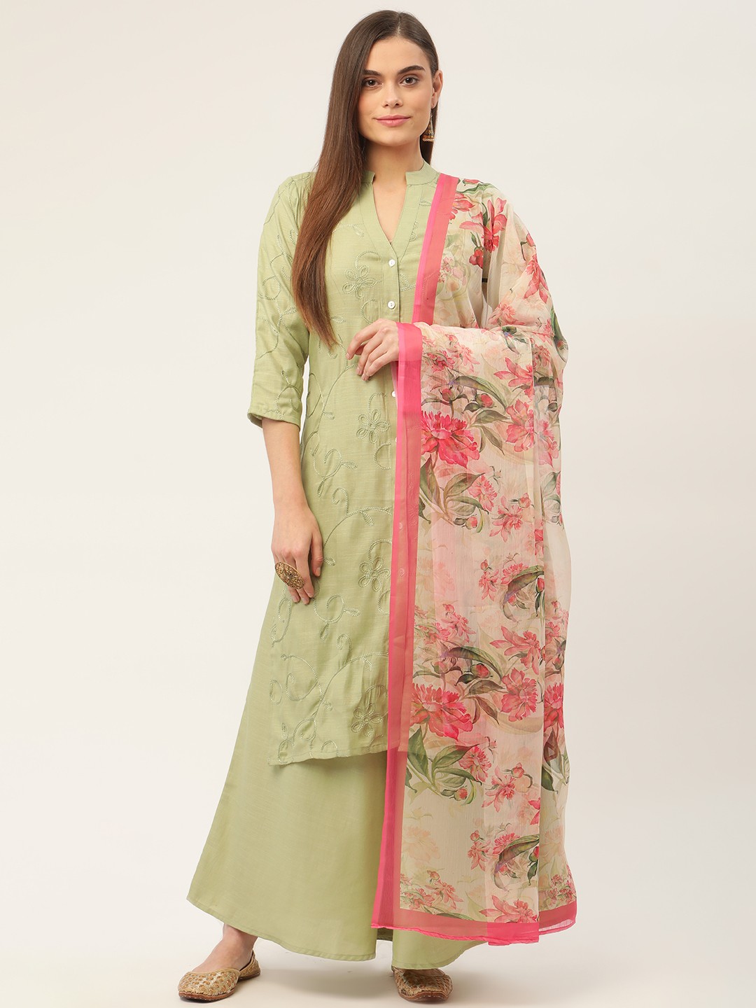 

Jompers Women Green Floral Embroidered Kurta with Palazzos & With Dupatta