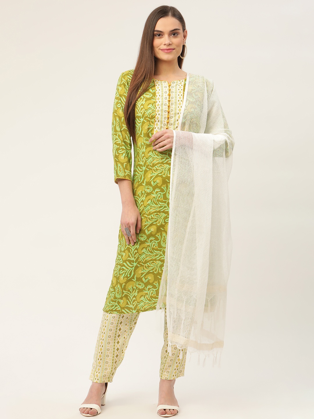 

Jompers Women Green Floral Printed Pure Cotton Kurta with Trousers & With Dupatta