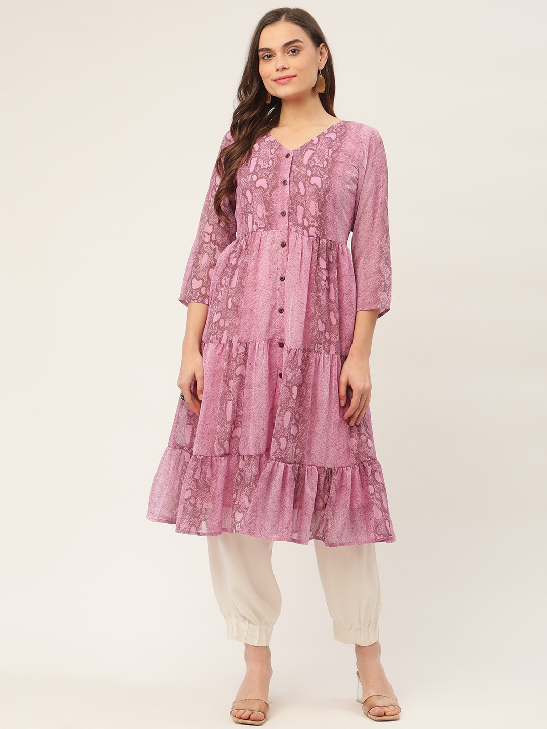 

Jompers Women Purple Tiger Printed Tiering Georgette Kurta