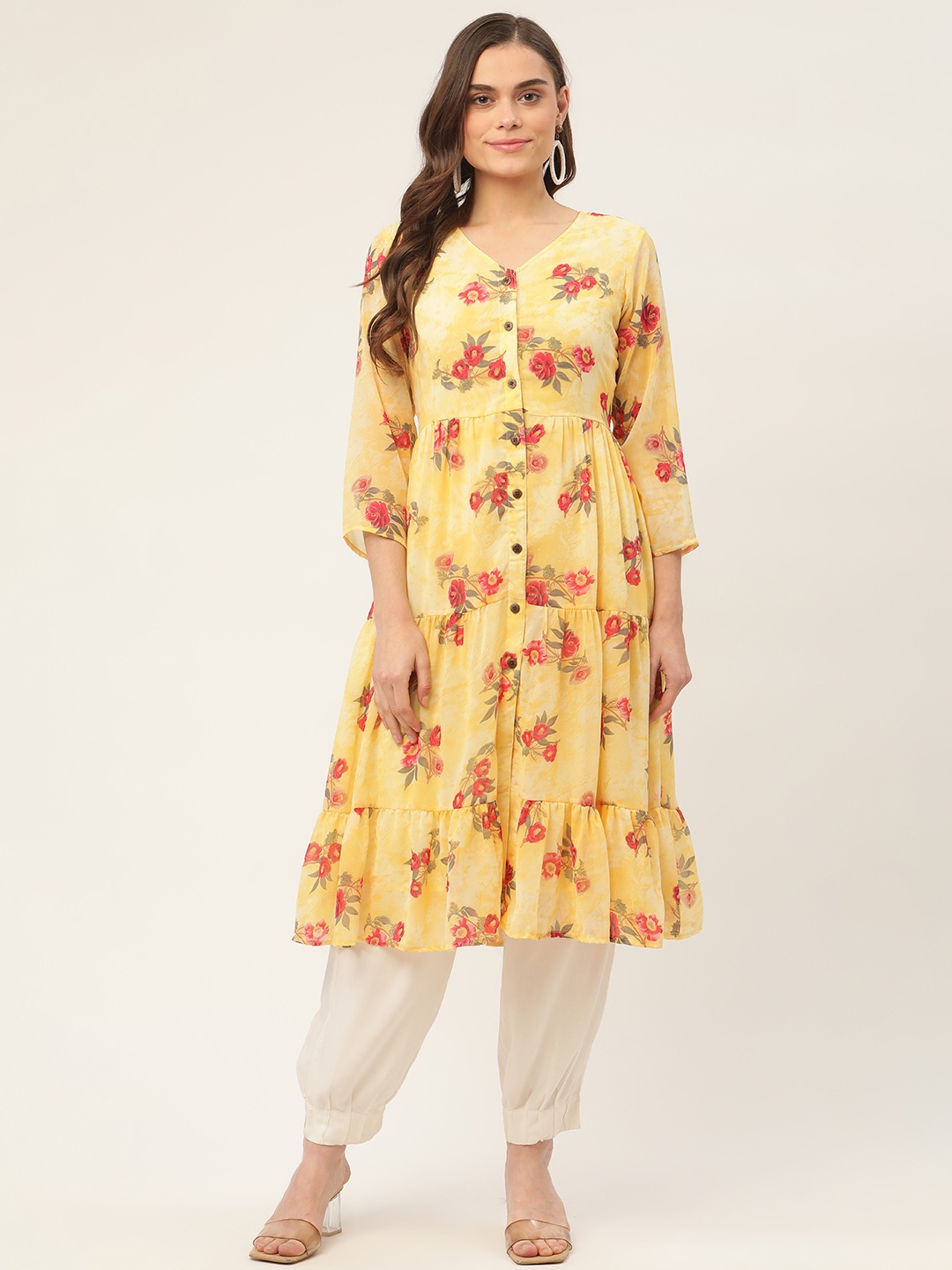 

Jompers Women Yellow & Pink Floral Printed Floral Georgette Kurta