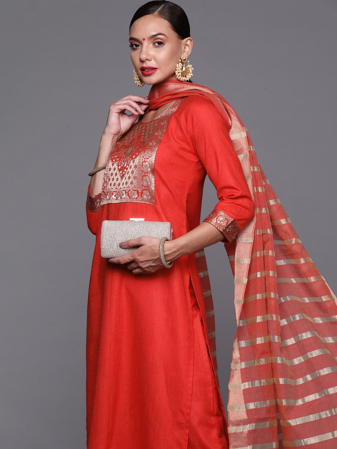 

Indo Era Women Red Yoke Design Kurta with Palazzos & With Dupatta