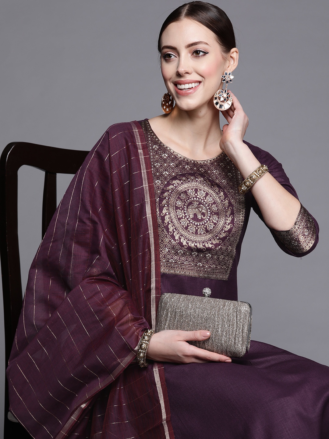 Indo Era Women Purple Yoke Design Kurta with Palazzos 