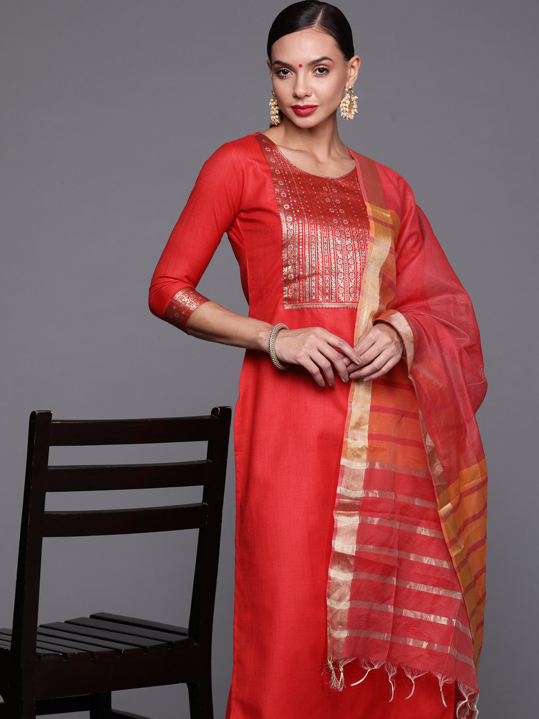 

Indo Era Women Red Yoke Design Kurta with Palazzos & With Dupatta