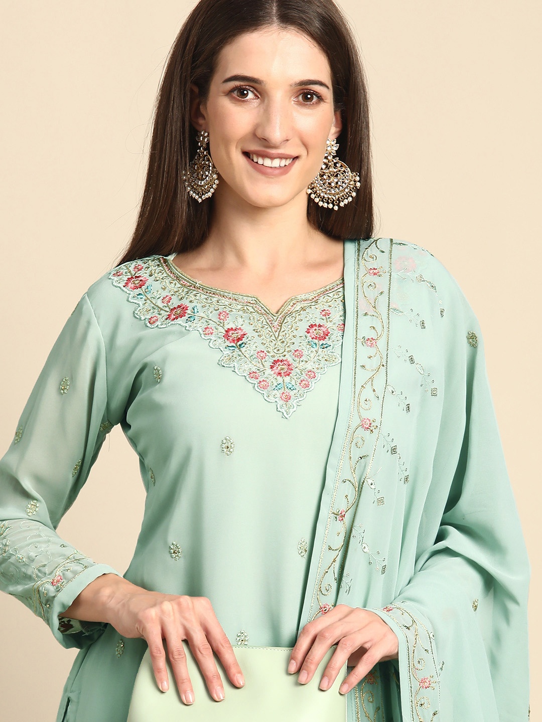 

Shaily Blue With A Tinge Of Green Embroidered Silk Georgette Unstitched Dress Material