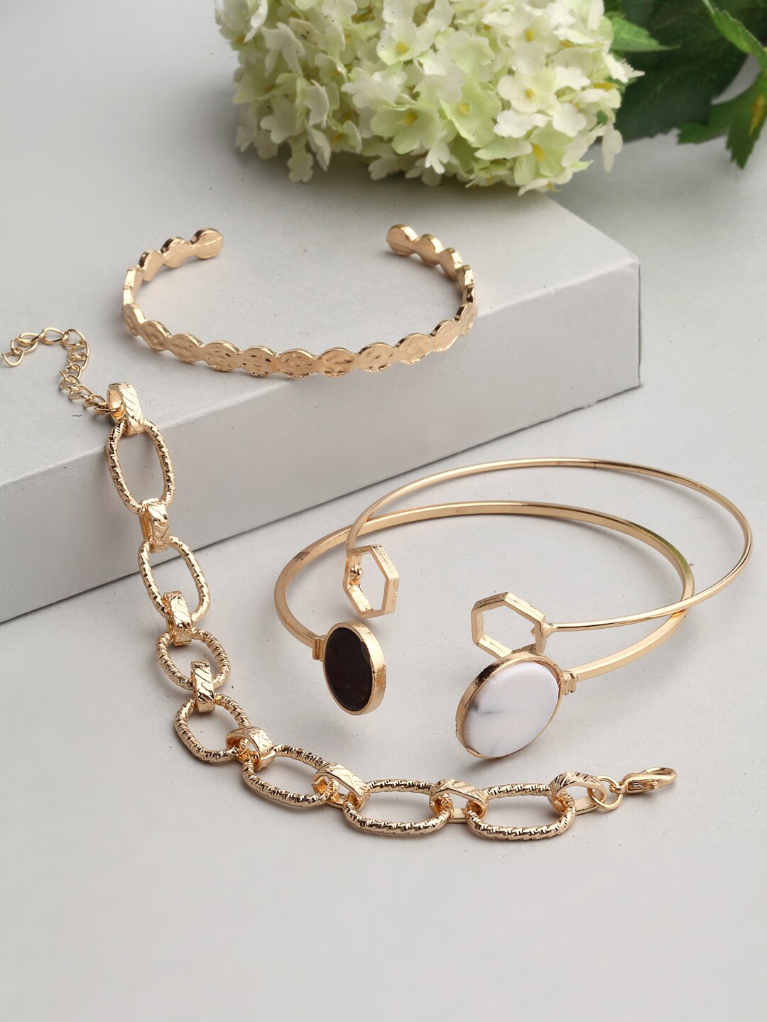 

Ferosh Women Set of 4 Gold-Toned & White Cuff Bracelet