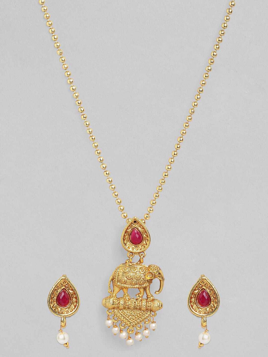 

Rubans Pink Gold Plated Handcrafted Stone Studded Elephant Shaped Pendant Set
