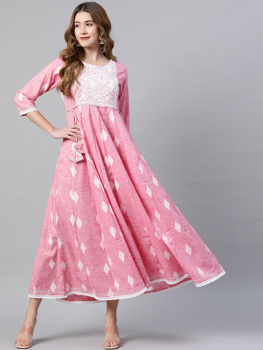 

Vbuyz Pink Floral Embroidered Ethnic Maxi Dress
