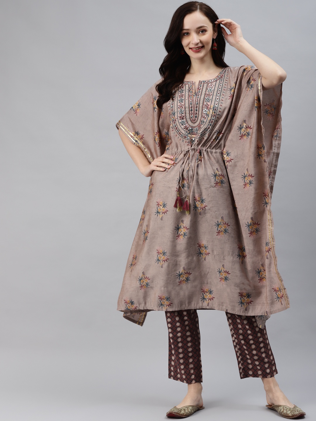 

Vbuyz Women Brown Ethnic Motifs Printed Mirror Work Kaftan Kurta with Trousers & Dupatta