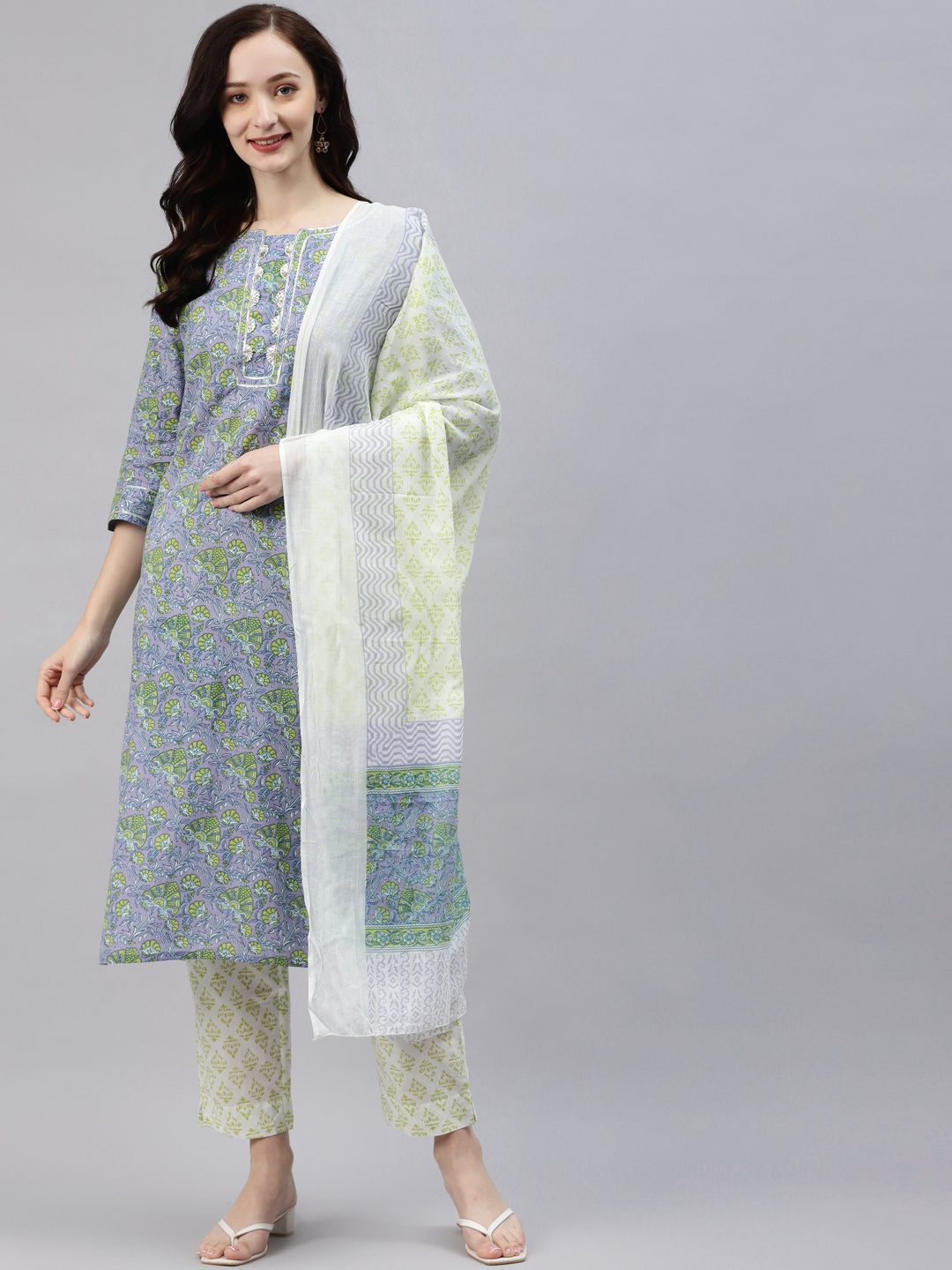 

Vbuyz Women Lavender & Lime Green Ethnic Motifs Gotta Patti Kurta with Trousers & Dupatta