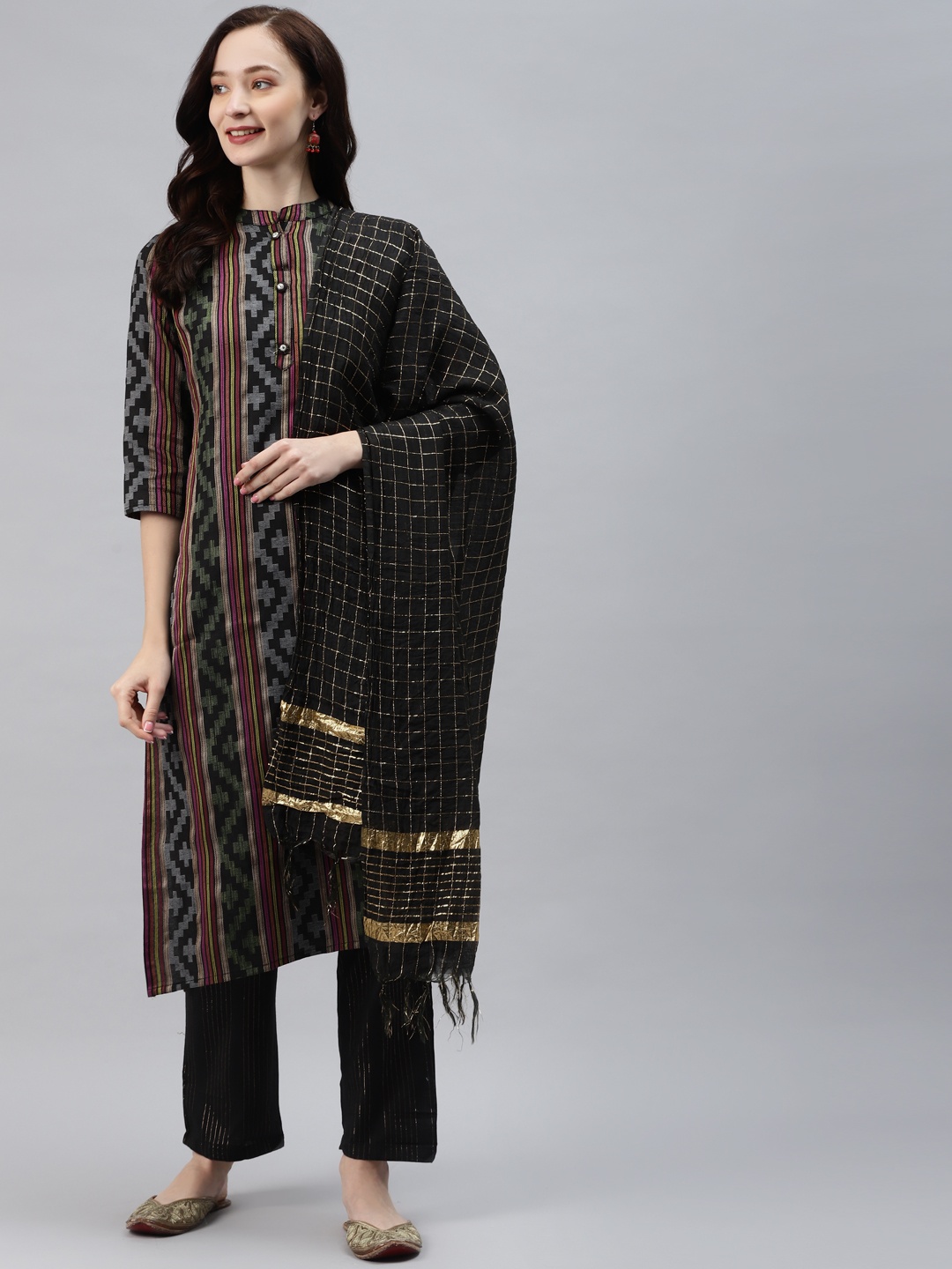 

Vbuyz Women Black Ethnic Motifs Cotton Blend Kurta with Trousers & Dupatta
