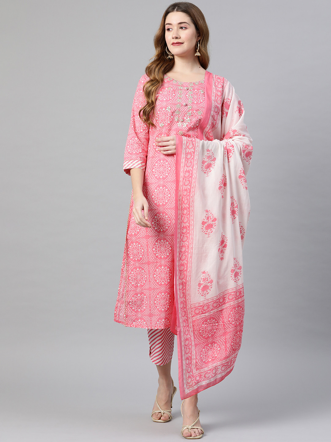 

Vbuyz Women Pink Bandhani Printed Pure Cotton Kurta with Palazzos & With Dupatta