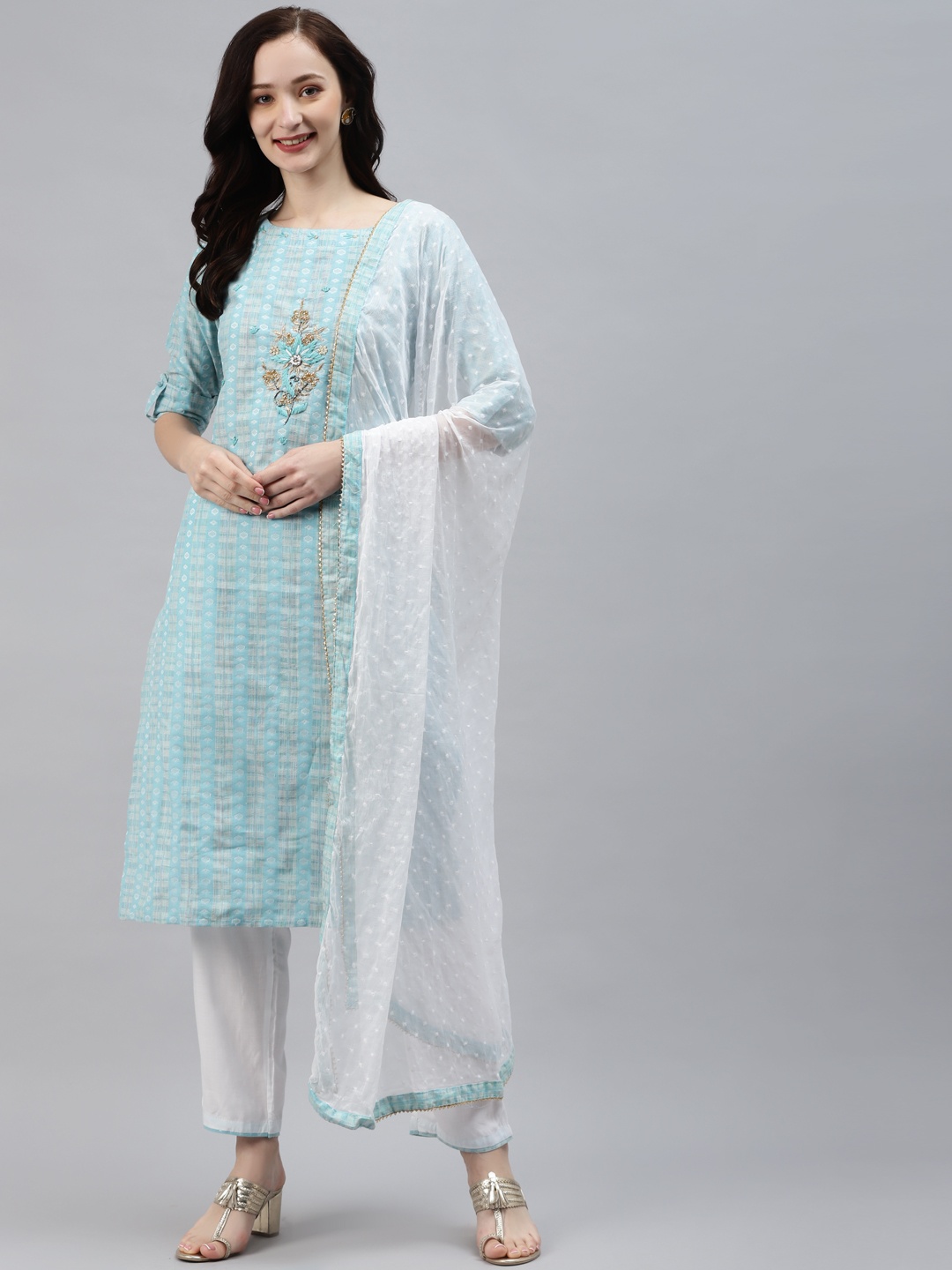 

Vbuyz Women Turquoise Blue & White Ethnic Motifs Printed Kurta with Trousers & Dupatta