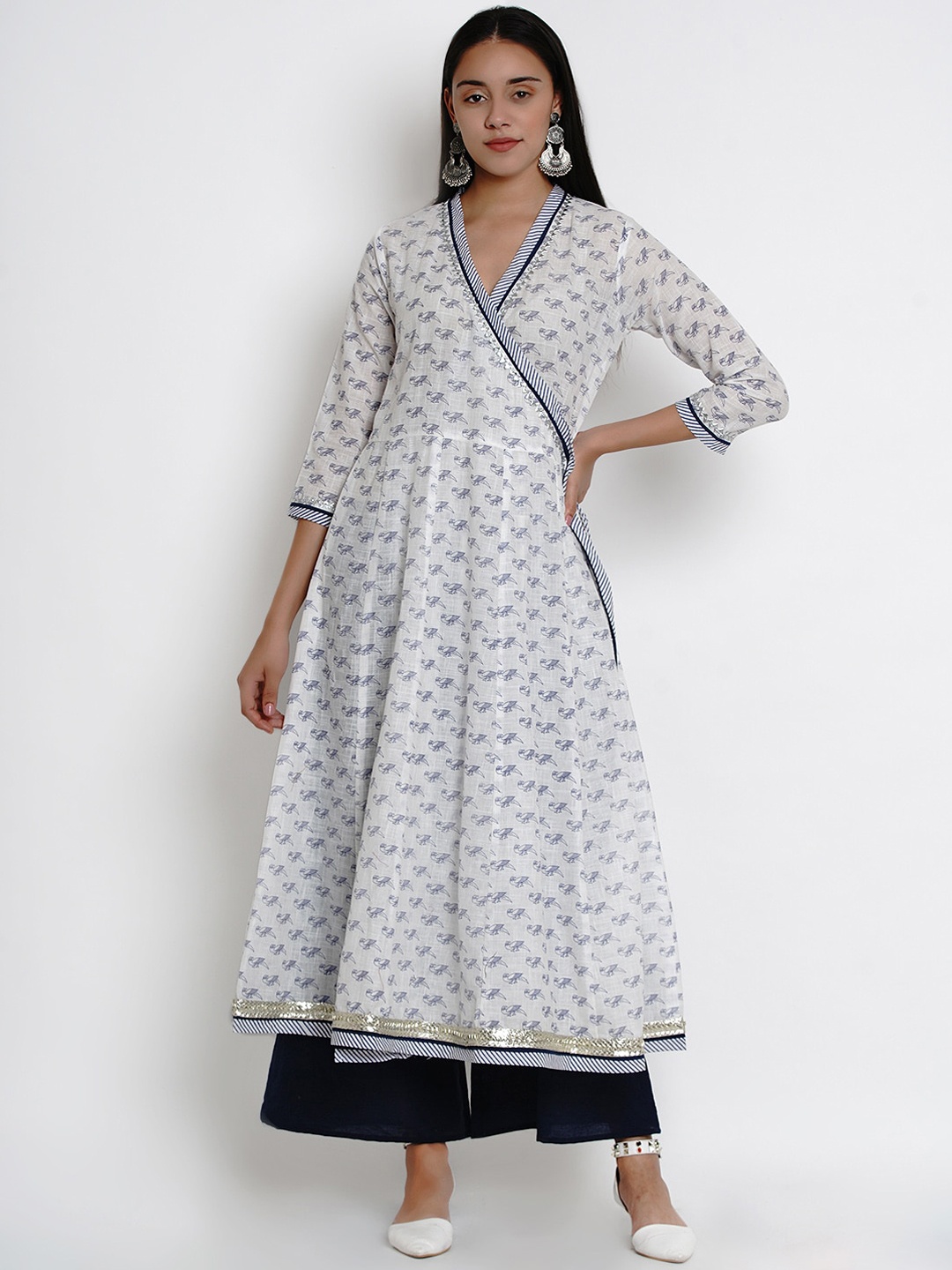 

Bhama Couture Women White & Blue Ethnic Motifs Printed Angrakha Kurta with Palazzos