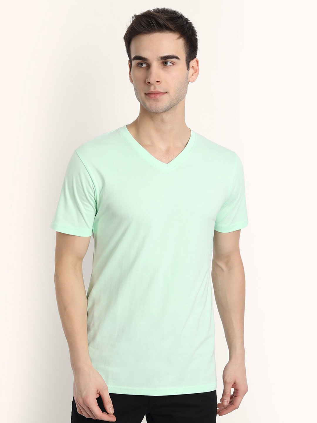 

BE AWARA Men Sea Green V-Neck Cotton T-shirt