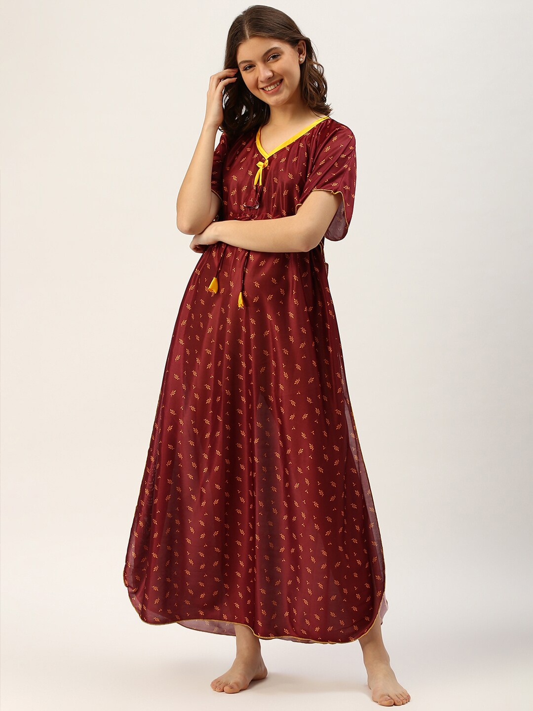 

TRUNDZ Maroon & Yellow Floral Printed Kaftan Maxi Nightdress