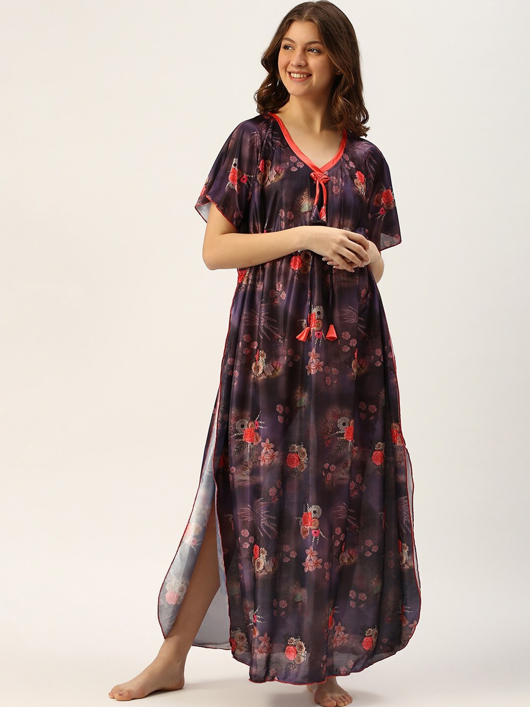 

TRUNDZ Purple Floral Printed Satin Maxi Nightdress