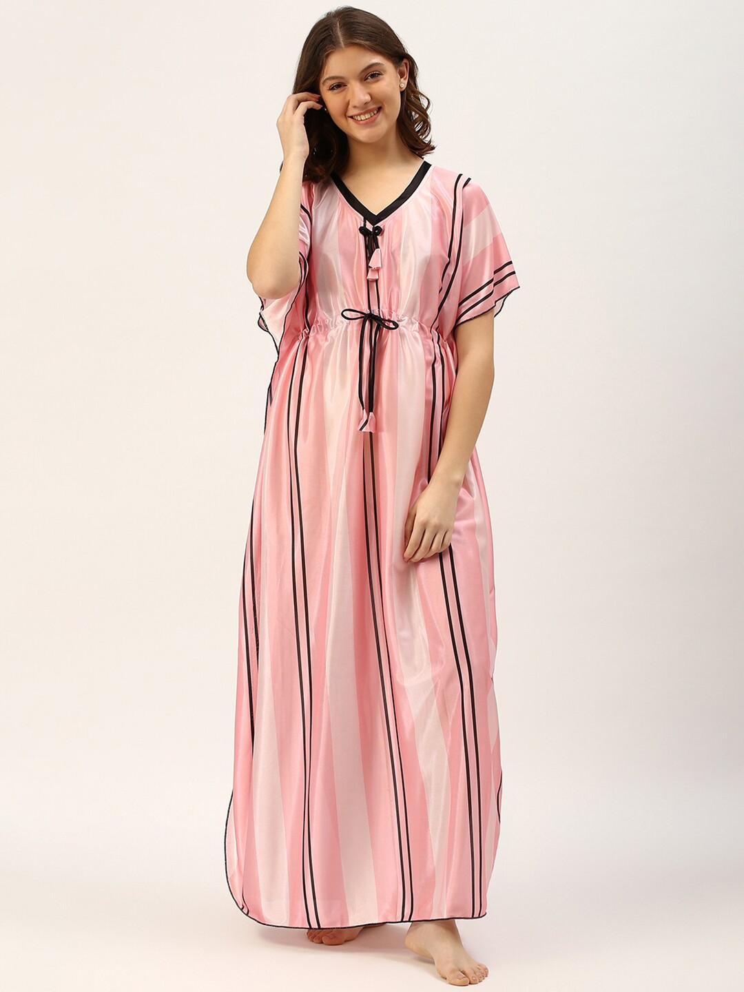 

TRUNDZ Women Peach Striped Maxi Kaftan Nightdress