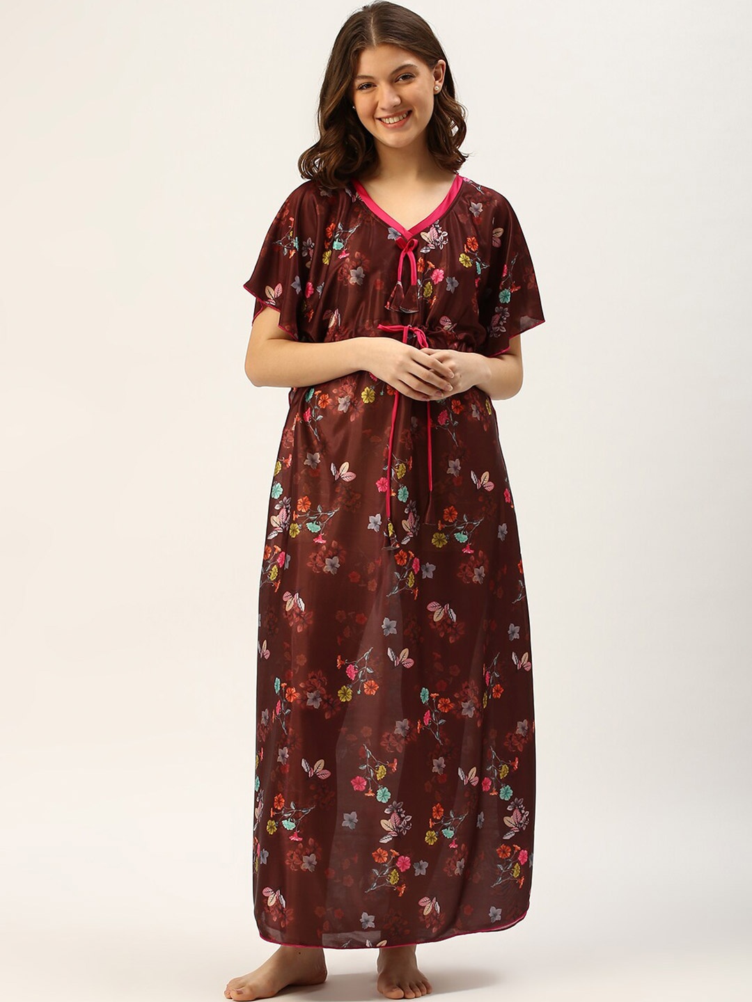 

TRUNDZ Women Brown Floral Printed Maxi Kaftan Nightdress