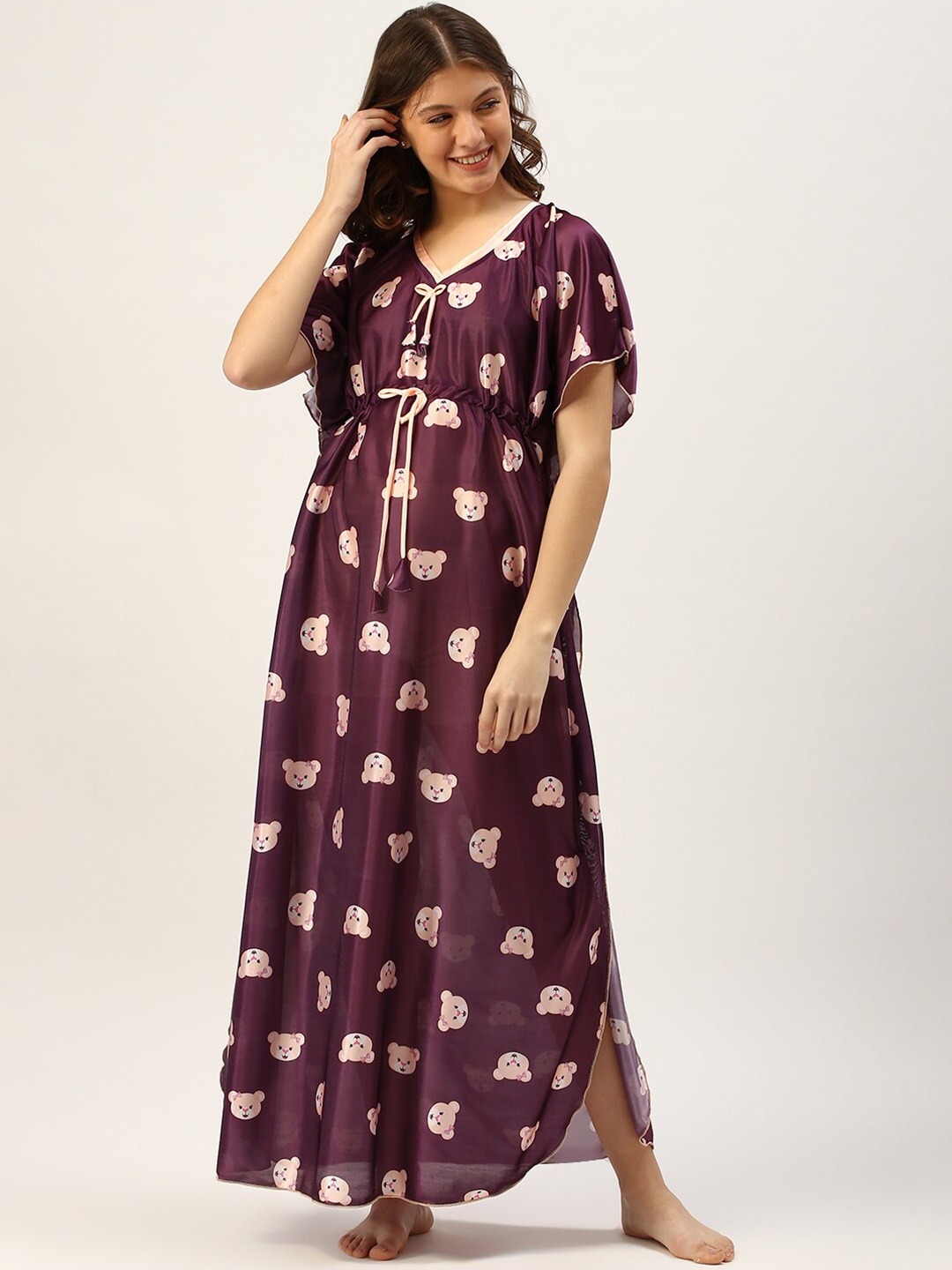 

TRUNDZ Burgundy Animal Printed Maxi Nightdress