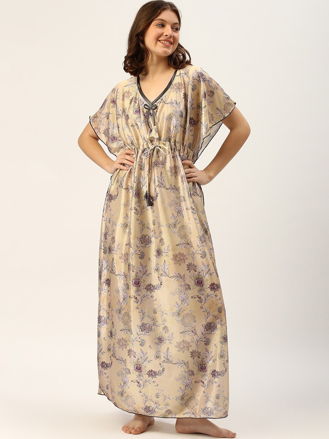 

TRUNDZ Beige Floral Printed Kaftan Maxi Nightdress
