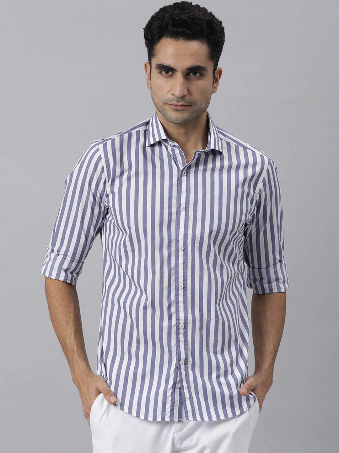 

RARE RABBIT Men Dyott Slim Fit Striped Shirt, Navy blue