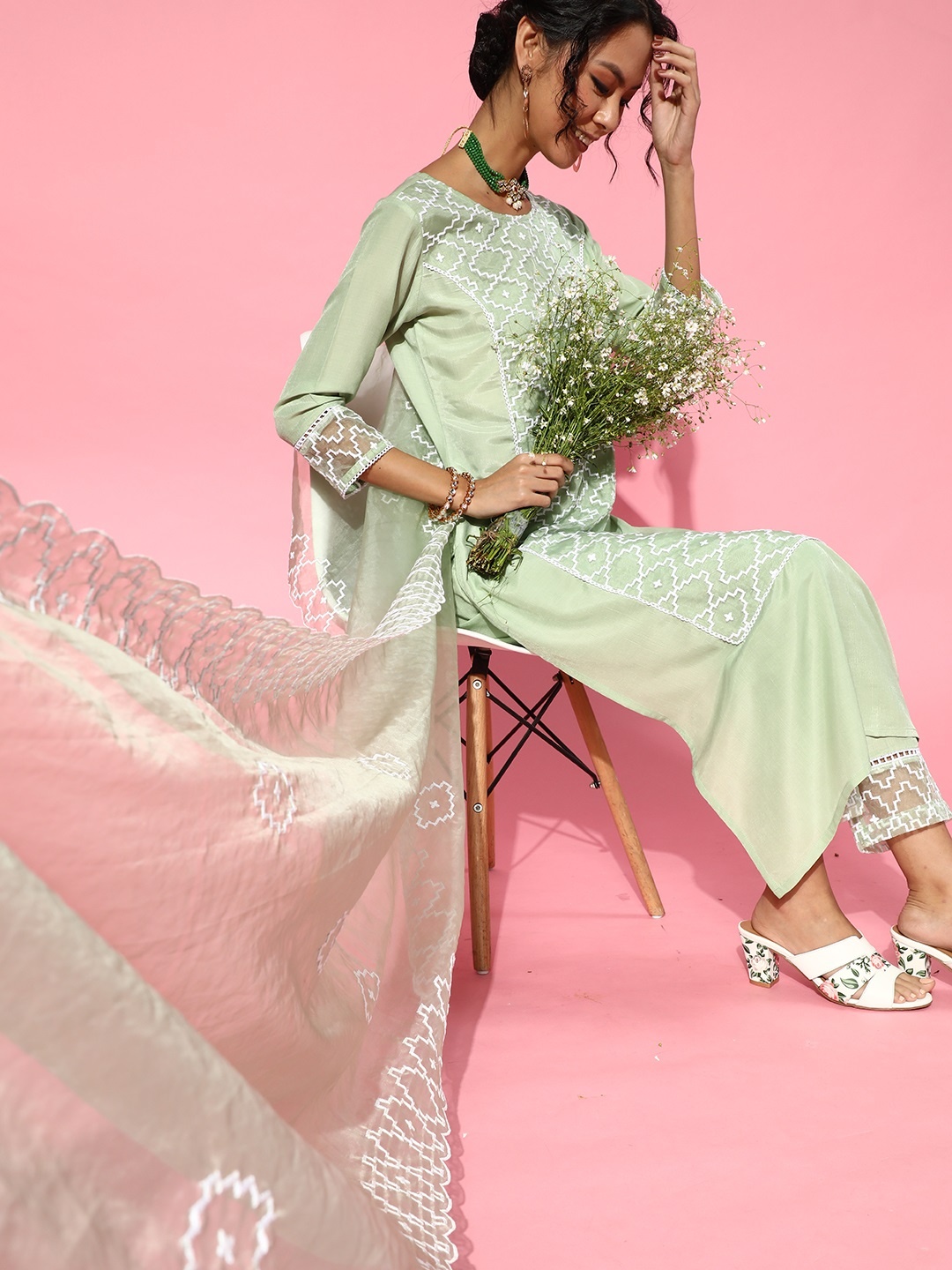 

Indo Era Sea Green Silk Blend Scalloped Edge Kurta Set