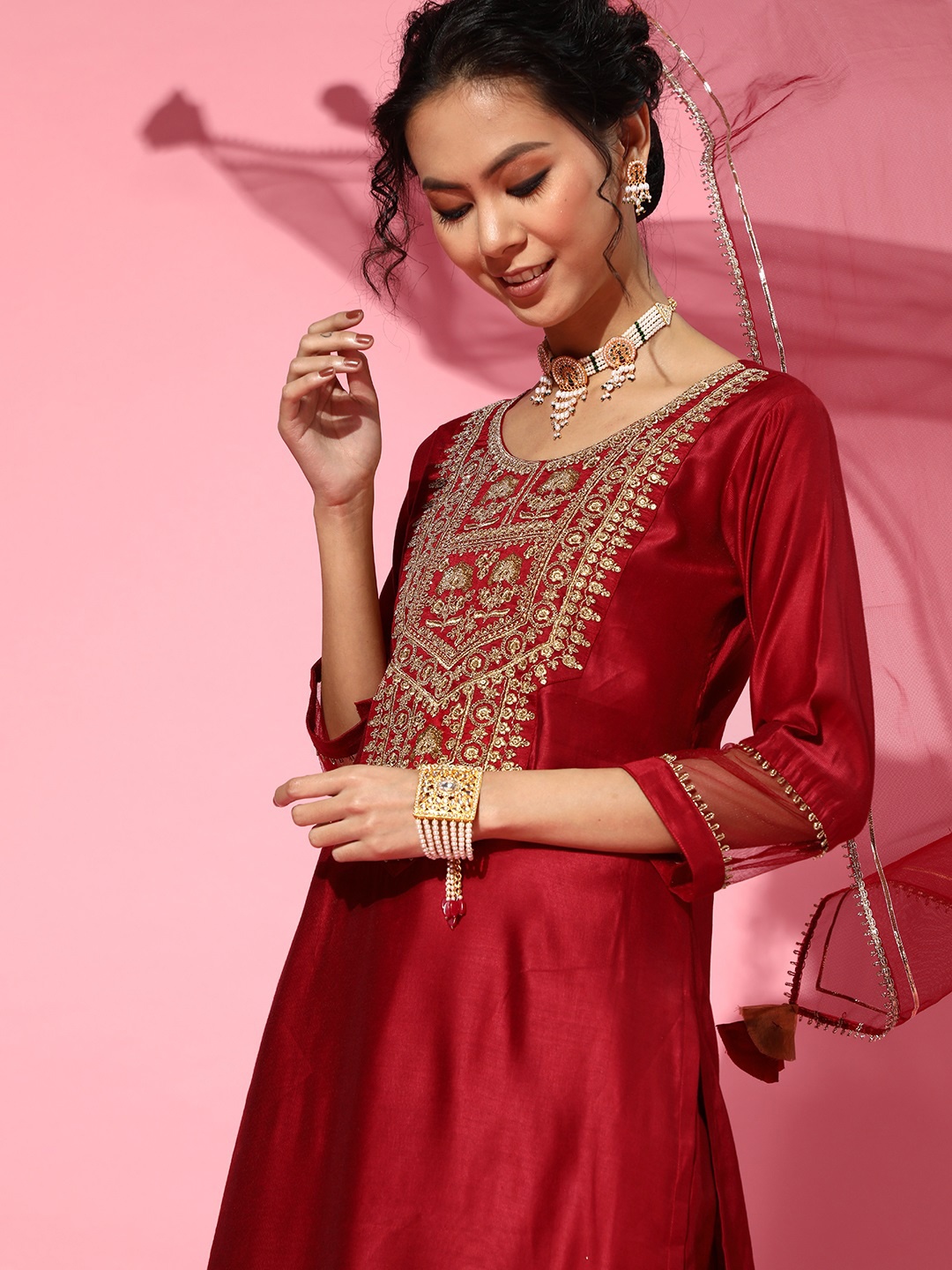 

Indo Era Red Liva Sheer Kurta Set