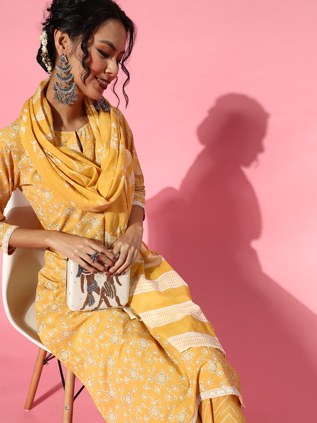 

Indo Era Yellow Cotton Blend Romantic Florals Kurta Set