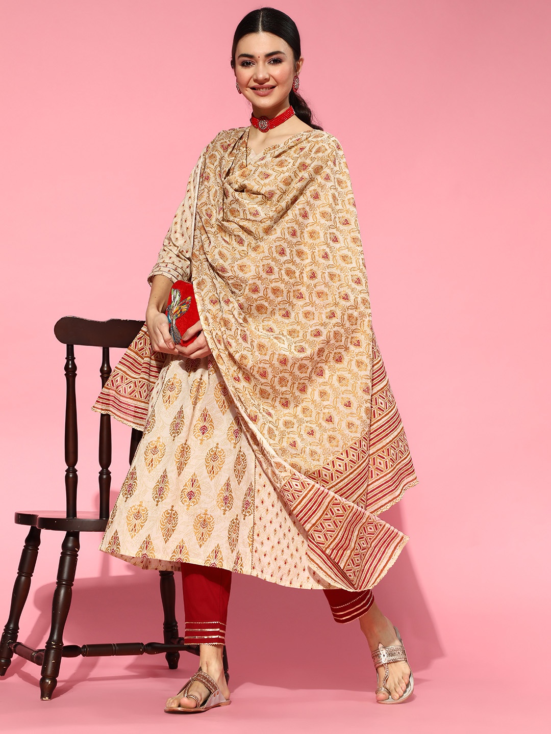 

Indo Era Beige Cotton Blend Ethnic Motifs Kurta Set